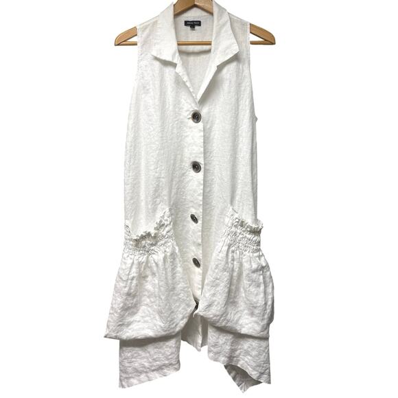 Athena Dresses & Skirts - Athena Marie White Linen Dress Sz Large Patch Pockets Sleeveless Asymmetric